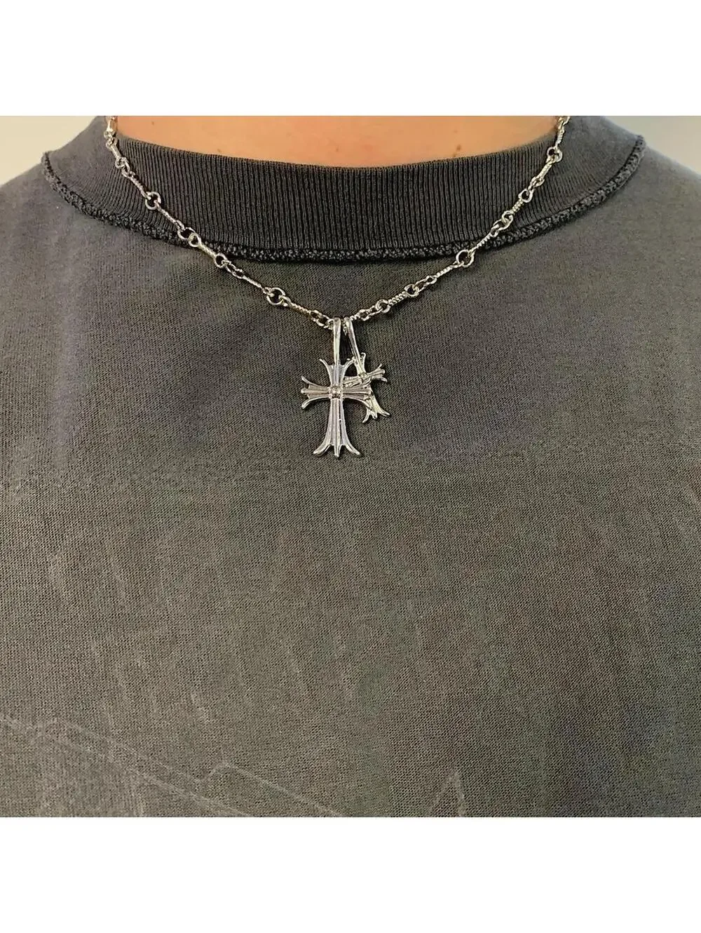 Cyber Vintage y2k style Double Cross Silver Necklace. Rhinestone Cross. 19.5 inc